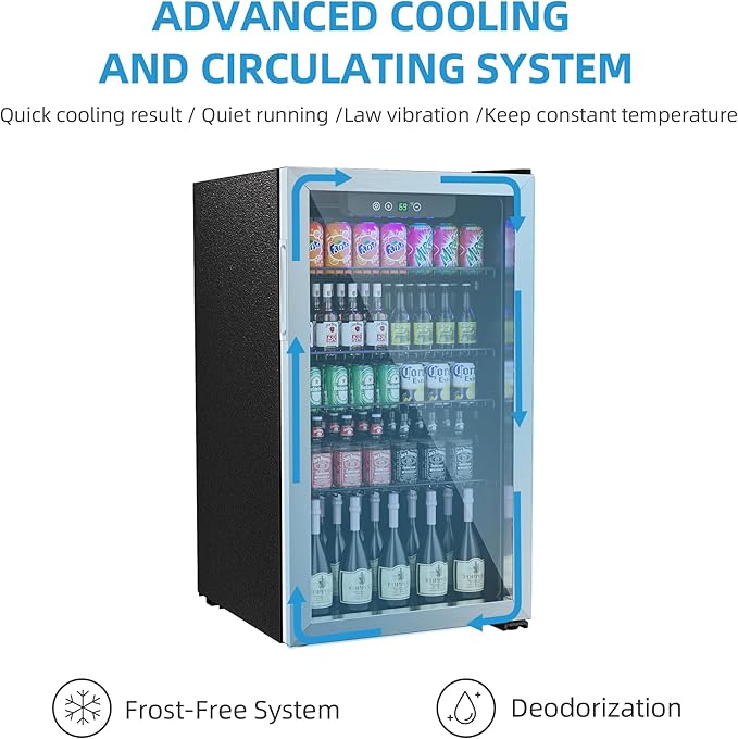Erivess Beverage Refrigerator and Cooler, 110 Can/3.1 Cu Ft Mini Fridge with Glass Door, Adjustable Shelves for Soda,Bee,Wine, Free Standing Small Refrigerator, Digital Display, for Home, Bar, Office