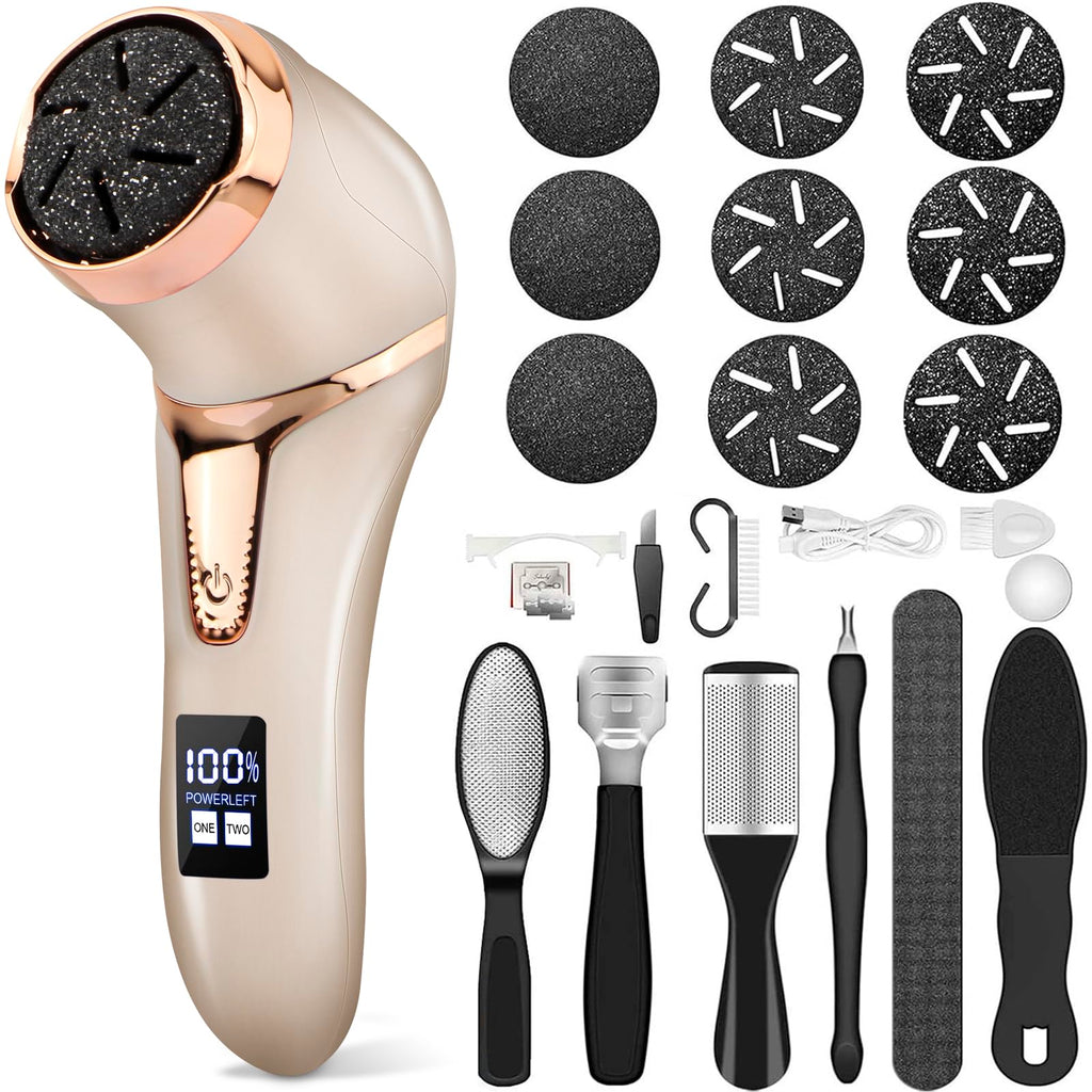 Electric Callus Remover for Feet, Portable Pedicure Kit Foot File Callus Remover, Rechargeable Waterproof Foot File for Foot Care Deadskin Remover with 9Head&LCD Display, Gold