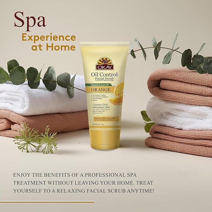 OKAY Oil Control Facial Scrub Exfoliator - Exfoliating Face Wash, Face Scrub for Women and Men, Moisturizing and Brightening, Leaves Skin Smooth and Clean, Paraben Free - Orange, 6 Oz (Pack of 1)