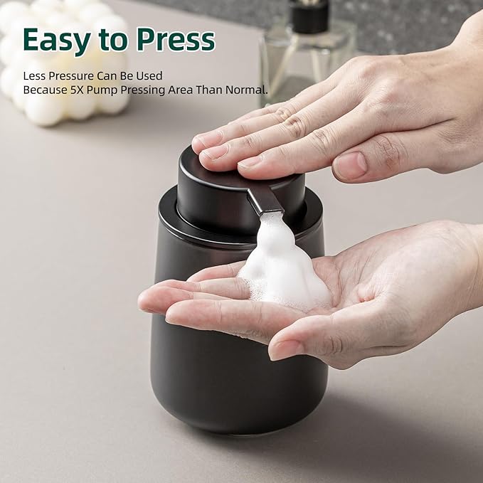 AZMOYAC Black Foaming Soap Dispenser - Modern Ceramic Foam Hand Soap Dispenser Bathroom, 12 Oz Facial Cleanser Dispenser Bottle with Foam Pump, Refillable Wash Dish Dispenser for Kitchen
