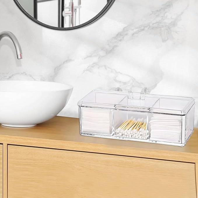 Qtip Holder Dispenser for Cotton Balls, Swabs, Pads, Floss Picks, 3 Compartments Clear Acrylic Container Box with Lid for Bathroom Canister Storage Organization, Vanity Makeup Organizer (#A)