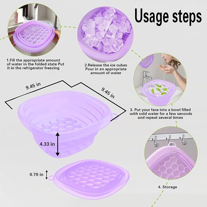 EBIGIC Face Bowl for Ice with Built-in IceTray,Collapsible Silicone Face Ice Bowl – Cold Plunge Therapy for Skin Tightening & Facial Treatment– Portable Spa Tool for Home & Travel（Purple)
