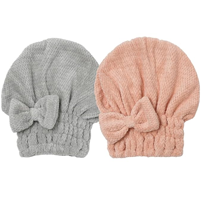 M-bestl Microfiber Hair Towel, Hair Towel Cap,Absorbent Hair Turban Towel,Hair Drying Towel to Dry Curly or Straight Short Hair Quickly(Pink&Gray)