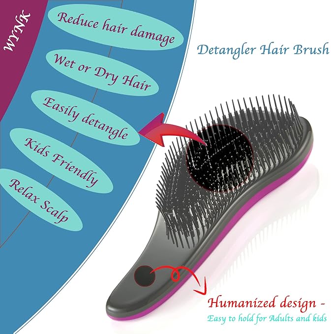 WYNK Detangling Brush 2-Pack for Adults & Kids - Blue & Purple Hairbrush for Curly/Thick/Wet Hair, Gentle Knot Remover with Scalp Massage