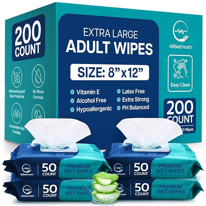 Body Wipes for Adults Bathing No Rinse - Adult Wipes for Elderly 8"x 12"(200 count) Shower No Rinse, Incontinence Disposable Washcloths, Aloe Vera, Vitamin E + 4 individual Packs