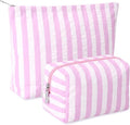 2 Pcs Makeup Bag Set Cute Cosmetic Pouch for Women Seersucker Travel Toiletry Bag Preppy Small Makeup Purse Pouch Aesthetic Skincare Brushes Storage Organizer for Valentine Women(Pink Wide)