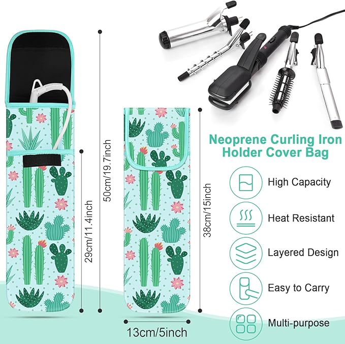 Shappy 2 Pcs Heat Resistant Hair Tools Bag Curling Iron Travel Case Cover Neoprene Flat Iron Holder Travel Case and Silicone Mat Pouch for Hot Hair Tools Storage Organizer(Cactus Style)
