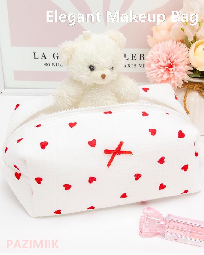 PAZIMIIK Cozy Makeup Bag for Women,Zipper Cosmetic Pouch,Gauze Heart