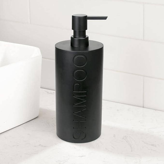 Indecor Home Matte Black Shampoo Dispenser Modern Refillable Pump Bottle with Embossed Text, Durable Resin Construction for Bathroom and Kitchen