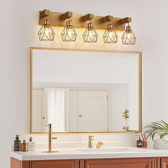 maesta Bathroom Gold Vanity Light Fixtures, 5-Light Gold Bathroom Light Fixtures Over Mirror, Sconces Wall Lighting with Elegant Metal Lampshade for Living Room, Bedroom, Hallway