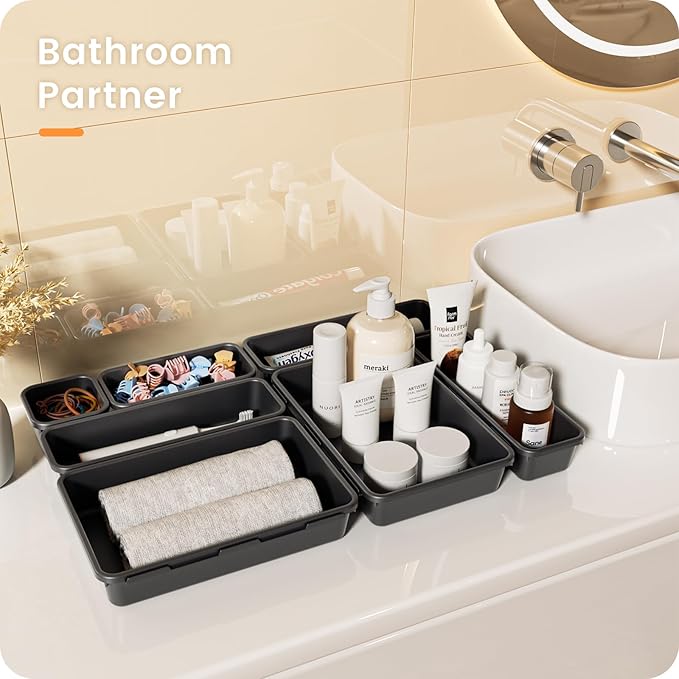 A-LuGei 【Military Grade】 Drawer Organizer,【𝟱𝗦𝗶𝘇𝗲】 Makeup organizer,【Holds 177 Items】 Bathroom Organizers and Storage,Organization and Storage,Desk Drawer Organizer for Vanity【Black】