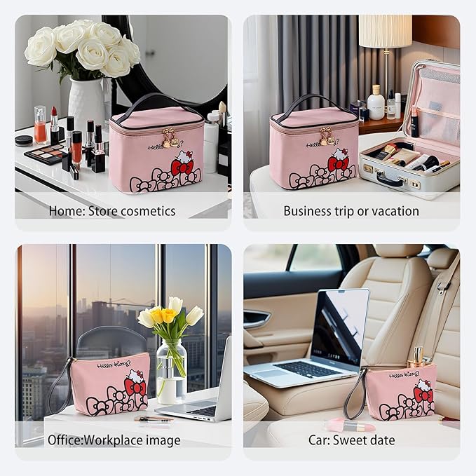 Vimanllie Travel Makeup Bag Large Cosmetic Bags with Brush Holder,Pink Waterproof 2PCS Portable Cosmetic Case for Women,Toiletry Bag for Skincare&Beauty Tools for Her