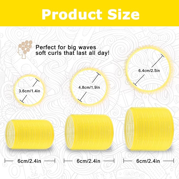 Self grip hair roller set,18 pcs,Hair rollers with hair roller clips and comb,Salon hairdressing curlers,DIY Hair Styles, Sungenol 3 Sizes Yellow Hair Rollers in 1 set