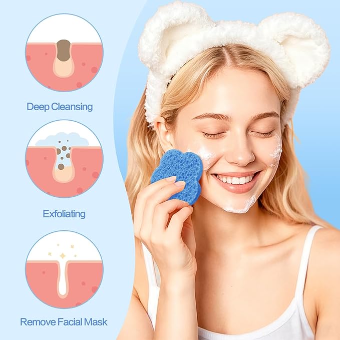 100-Count Facial Sponges Compressed Facial Sponges Natural Facial Cleansing Sponges Pads Cute Flower Shape Exfoliating Sponges for Cleansing Reusable,Best Makeup Gift, Blue