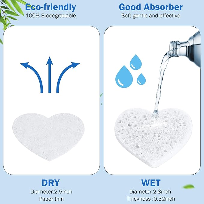 Dandat 300 Count Compressed Facial Sponges Heart Shape Face Sponges for Cleansing Natural Facial Exfoliating Pads for Estheticians(White)