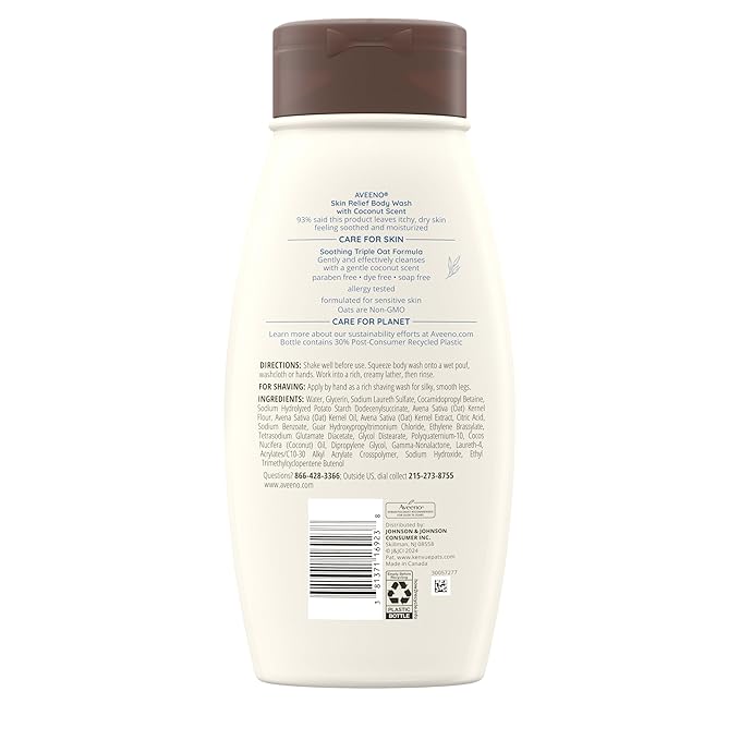 Aveeno Skin Relief Body Wash for Dry Skin, Gentle Coconut Scent and Soothing Triple Oat Formula, Moisturizing Body Wash Leaves Itchy, Dry Skin Cleansed & Feeling Soothed & Moisturized, 18 Fl Oz