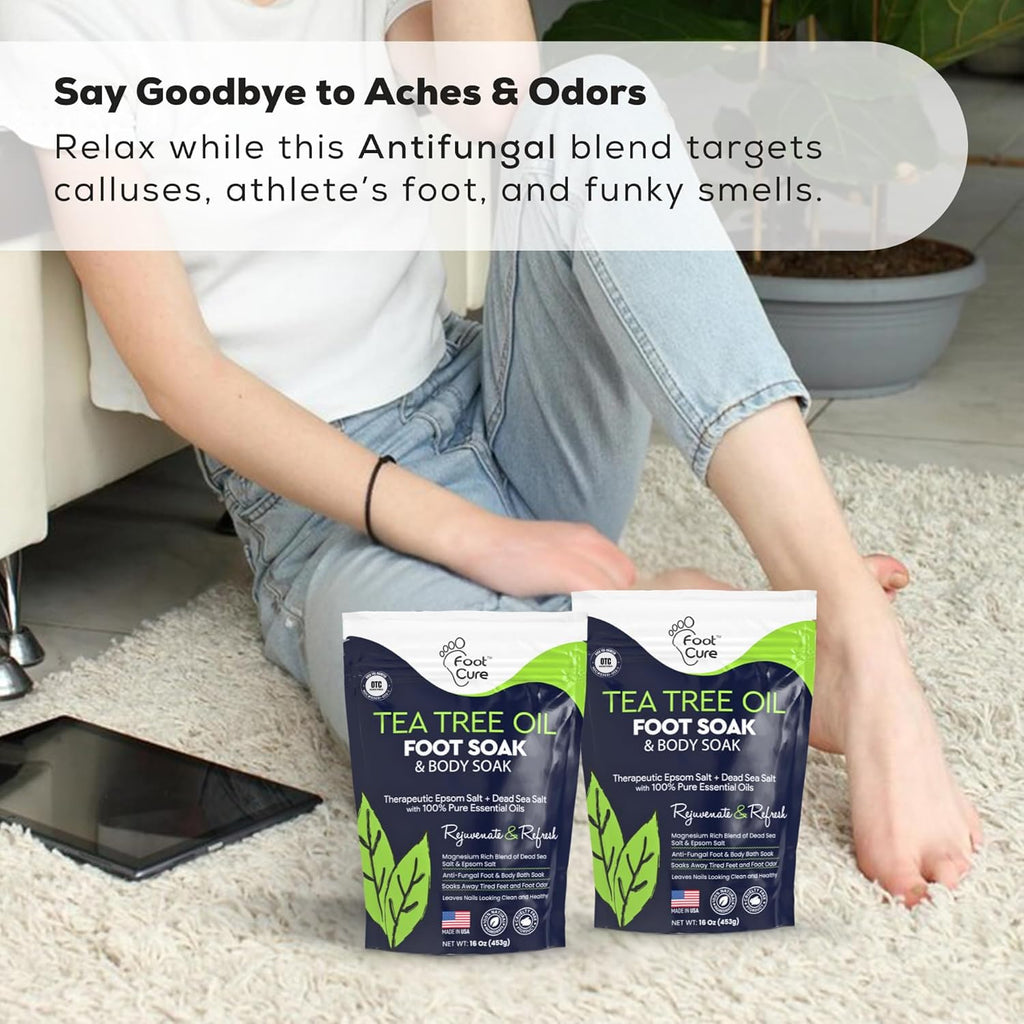 FOOT CURE Tea Tree Oil Foot Soak with Epsom Salt - Best Toenail Fungus Treatment, Athletes Foot & Softens Calluses - Soothes Sore & Tired Feet, Fungal Toe, Foot Odor Scent, Spa Pedicure (Pack of 2)