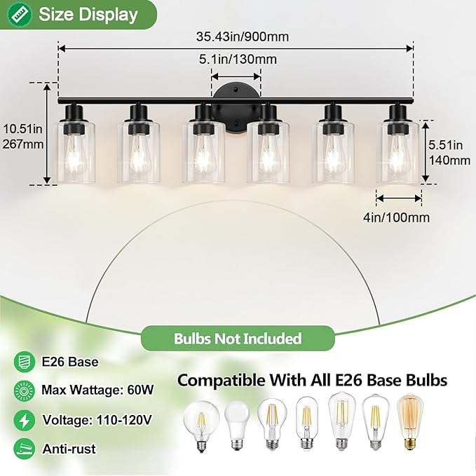 Zarbitta 6-Light Bathroom Light Fixtures, Black Modern Vanity Lights with Clear Glass Shade, Bathroom Wall Lamp for Mirror Kitchen Living Room Hallway Cabinet