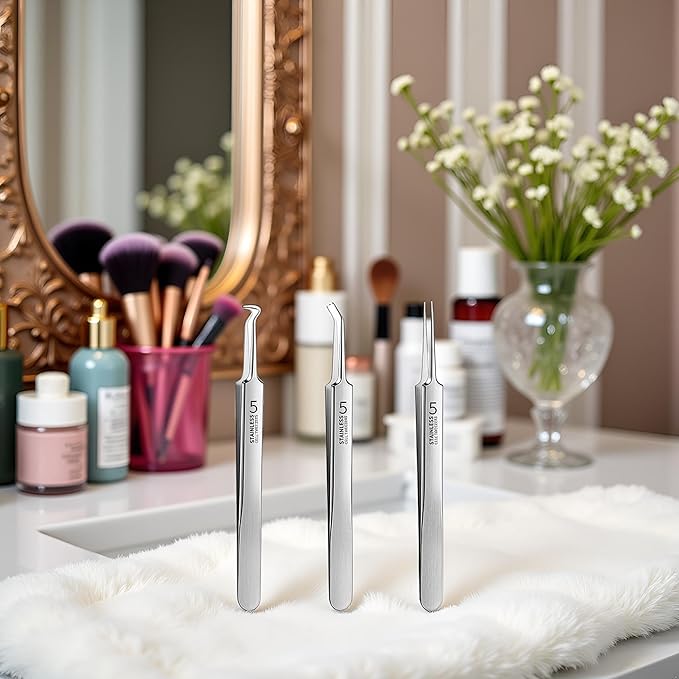 3 Pcs Silver Professional Blackhead Tweezer Professional Facial Blackhead Remover Tweezers Precision Extractor Acne Removal Kit Pimple Popper Tool with Storage Box Skin Care Tools