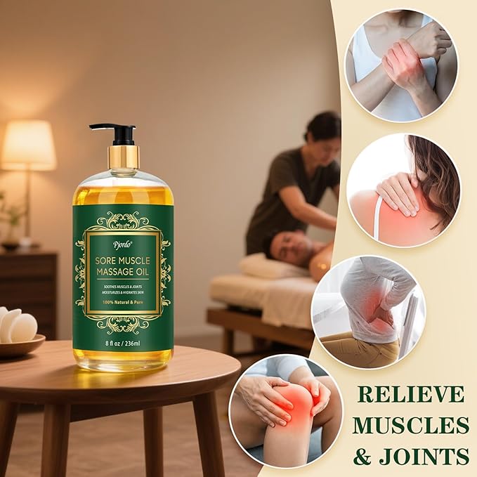 Pjordo Sore Muscle Massage Oil for Massage Therapy, 8 FL OZ Natural Body Massage Oil with Lavender Oil, Arnica & Chamomile Extract, Soothes Muscle and Joint for Professional & Home Use