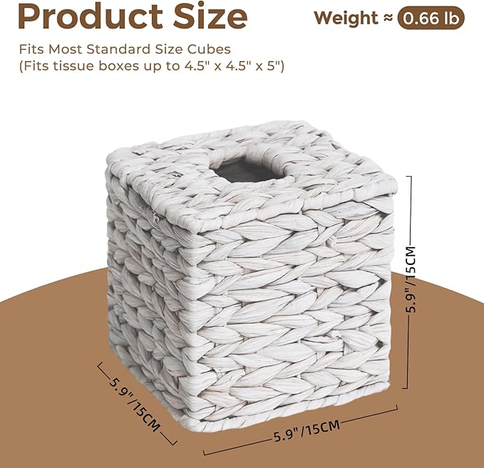 Tissue Box Cover, Square Wicker Tissue Box Holder Facial Tissues Boxes, Hand Woven Napkin Box Tissue Holder for Bathroom Bedroom Office Table Desk Night Stand, Boho Decorative, White