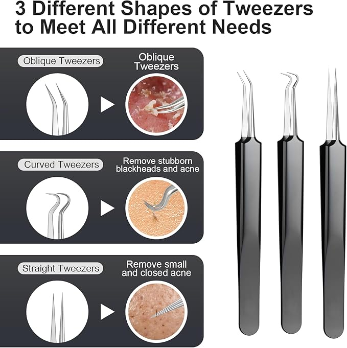 Meidaier 11Pcs Blackhead Remover Kit, Stainless Steel Acne Comedone Extractor with 10X Magnifying Glass & 20 75% Alcohol Pads, Pimple Whitehead Blemish Removal, Anti-Slip Handle & Storage Box