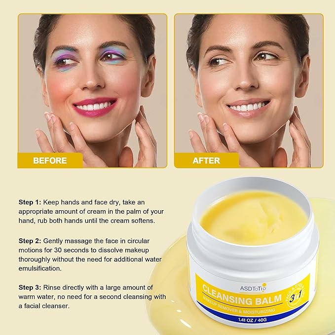 ASDToTio 3 in 1 Cleansing Balm- Eye Face Lip Cleansing Balm Makeup Remover,Natural Gentle, Deep Cleaning, Made for All Skin Types