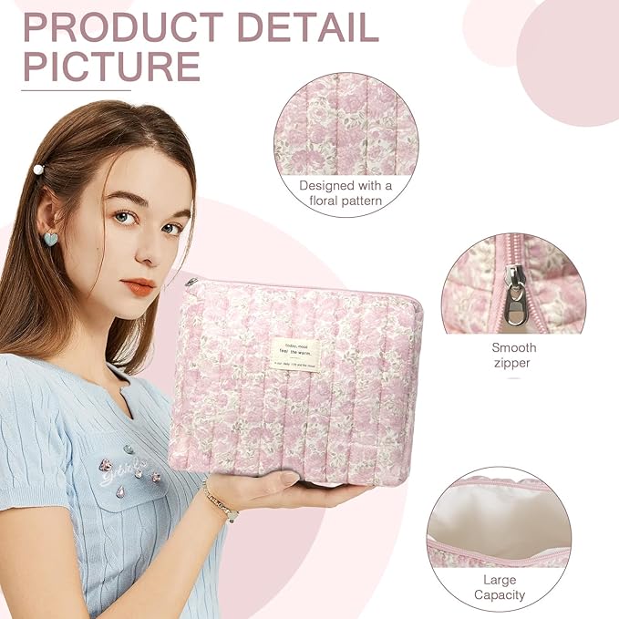 Gosect 2PC Makeup Bag Set, Cute Cosmetic Bag for Women Girls, Floral Coquette Aesthetic Toiletry Bag, Travel Make Up Organizer Bag (Pink Rose)