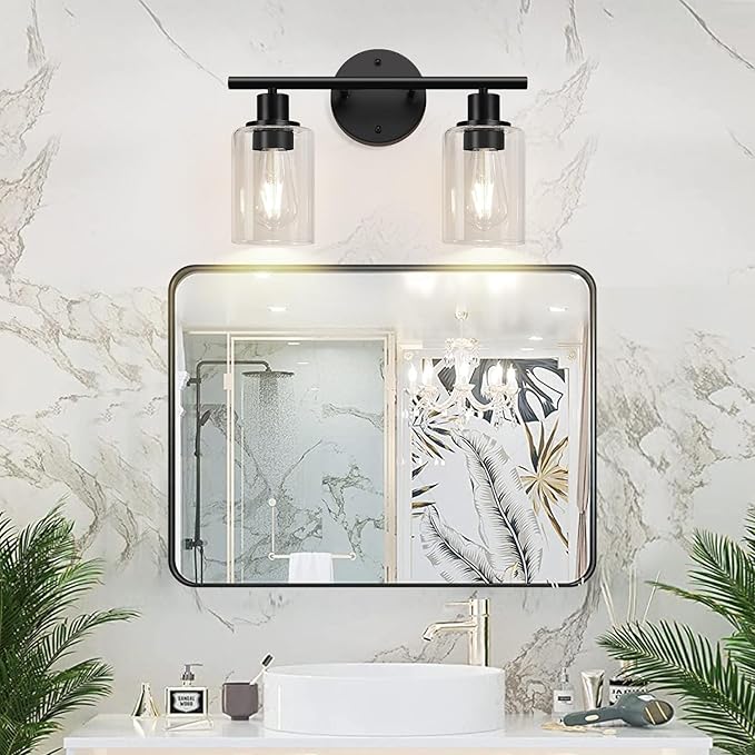 Zarbitta 2-Light Bathroom Light Fixtures, Black Modern Vanity Lights with Clear Glass Shade, Bathroom Wall Lamp for Mirror Kitchen Living Room Hallway Cabinet Porch