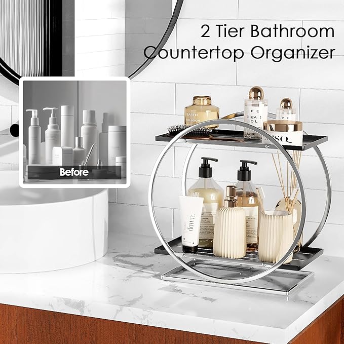 YIWANFW Bathroom Counter Organizer, Silver Black Perfume Organizer for Dresser, 2-Tier Bathroom Organizers and Storage, Exquisite Makeup Organizer Countertop Vanity Tray for Perfume Cosmetic Skincare