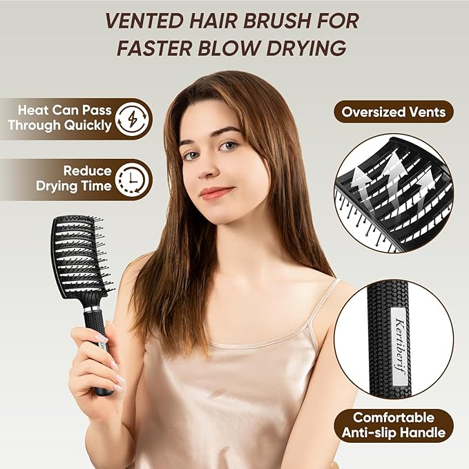 Kertiberif 2 Pack Curved Vented Detangling Brush for Wet and Dry Hair, Paddle Styling Hair Brush for Faster Blow Drying, Detangler Brush for Women Men Curly Thick Hair
