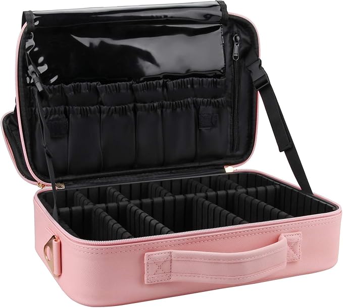 Relavel Makeup Bag Travel Makeup Train Case 13 inches Large Cosmetic Case Professional Portable Makeup Brush Holder Organizer and Storage with Adjustable Dividers and Shoulder Strap (Pink)