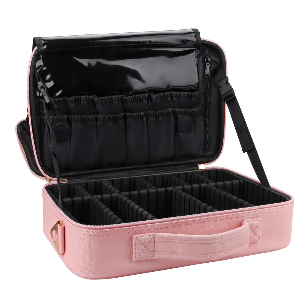 Relavel Makeup Bag Travel Makeup Train Case 13 inches Large Cosmetic Case Professional Portable Makeup Brush Holder Organizer and Storage with Adjustable Dividers and Shoulder Strap (Pink)