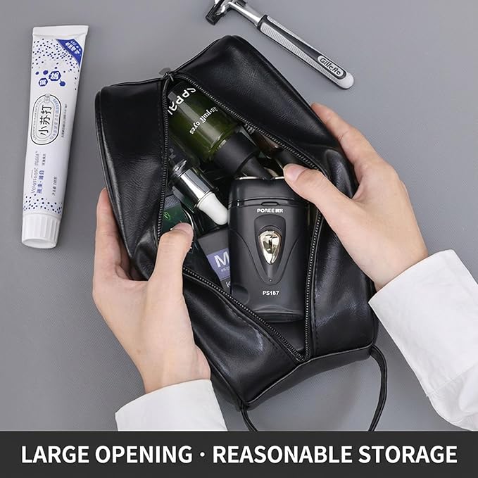 Men’s Toiletry Bag - Vintage PU Leather Kit for Travel - Water-Resistant Shaving Bag,Compact Pouch Gift for Husband, Dad (Black)