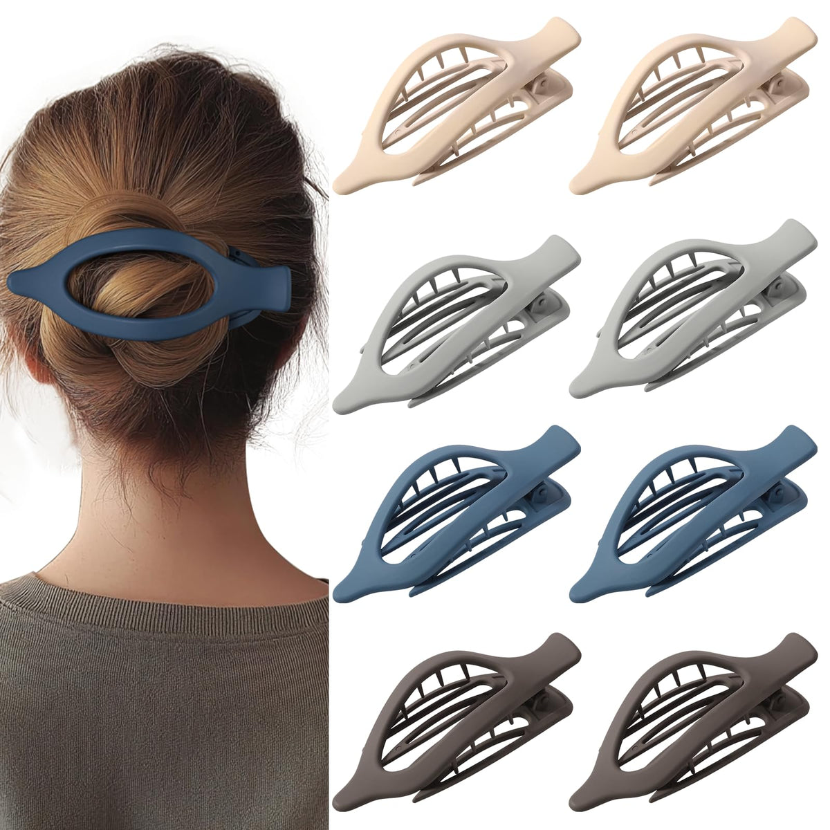 8 Pack Flat Black Hair Clips for Women – Large Matte No-Slip Flat Black Claw Clips for Thick & Thin Hair, Strong Hold French Styling Accessories