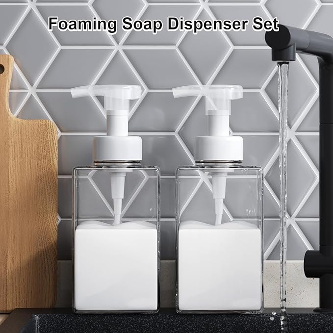 Kzeirm Foaming Soap Dispenser for Bathroom & Kitchen 15 Oz, Refillable Foam Hand Soap Dispenser for Liquid Soap, 2Pcs Foam Pump Bottle with Waterproof Labels, Clear