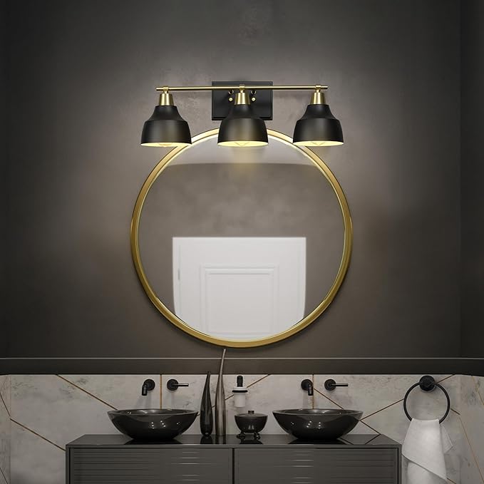 Globe Electric 63000204 5-Piece All-in-One Bathroom Accessory Set, 3-Light Vanity Light, Matte Black & Brass, Towel Bar, Robe Hook, Toilet Paper Holder, Towel Ring, Bath, Bathroom Lights Over Mirror
