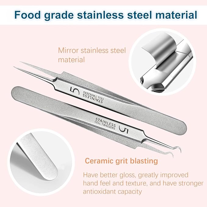 6Pcs Blackhead Remover Tool Kit – Precision Tweezers, Pimple Popper, Milia/Ingrown Hair Extractor, Comedone Clip Set for Nose/Eye/Face Skin Blemish, Beauty Care for Women & Girls