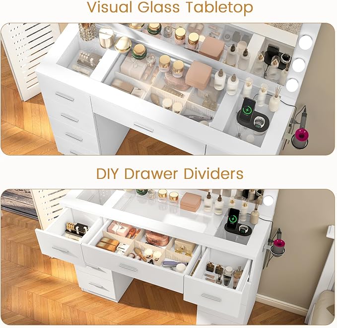 Quimoo Vanity Desk with Glass Top & Large Lights Mirror, 3 Adjustable Lighting Color, 44" Makeup Vanity Desk with 9 Drawers and 12 LED Lights, Vanity Table, Dressing Table for Bedroom(White)