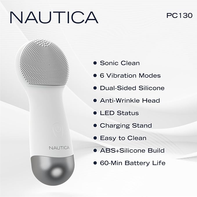 Nautica PC130 Sonic Facial Cleansing Brush Made with Ultra Hygienic Soft Silicone, Waterproof and Rechargeable Face Scrub Brush for Men & Women - (Milk)