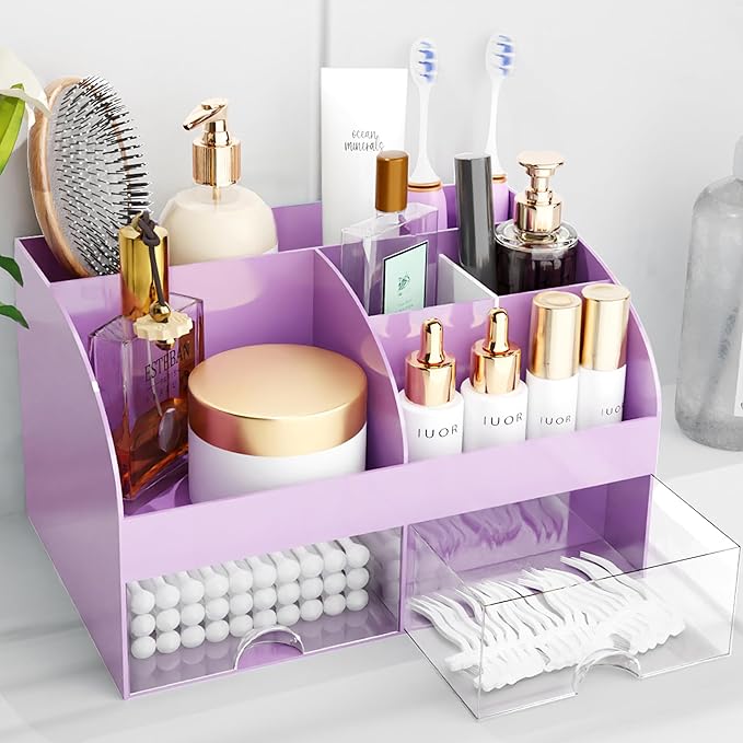 Makeup Organizer with Drawers, Cosmetic Storage for Dresser Vanity and Bathroom Countertop, Beauty Holder for Lipstick Brush, Skincare Organizer for Vanity, Cosmetic Display Case (White)