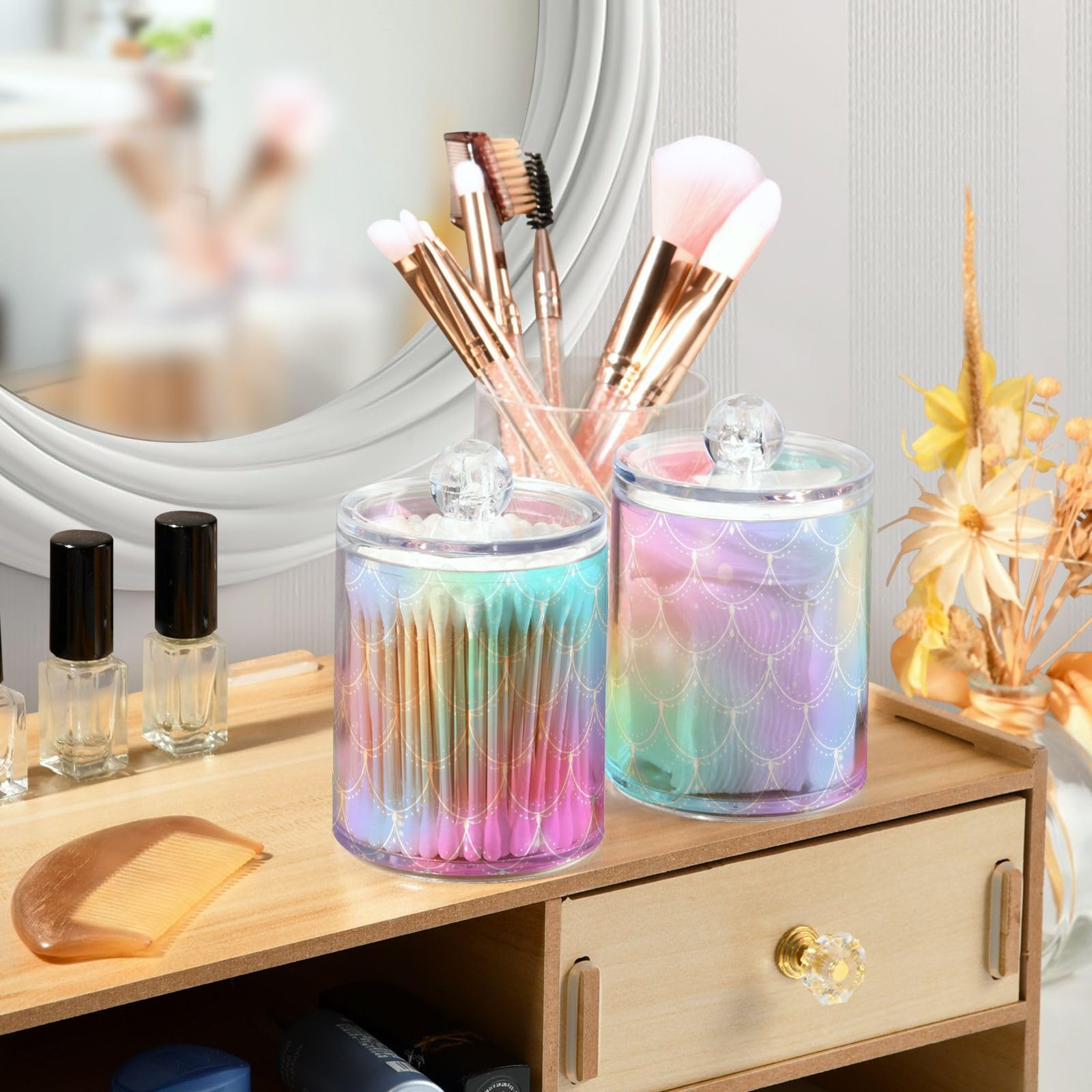2 Pack Qtip Holder Dispenser for Cotton Ball Rainbow Scales Mermaid Cotton Swab Cotton Round Pads Clear Plastic Acrylic Jar Set Bathroom Canister