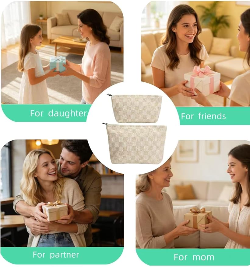 RIKMOXR 2-Pack Beige Checkered Makeup Bag Set - Large Capacity Cosmetic Organizer Pouch | Travel Toiletry Bag for Women Girls