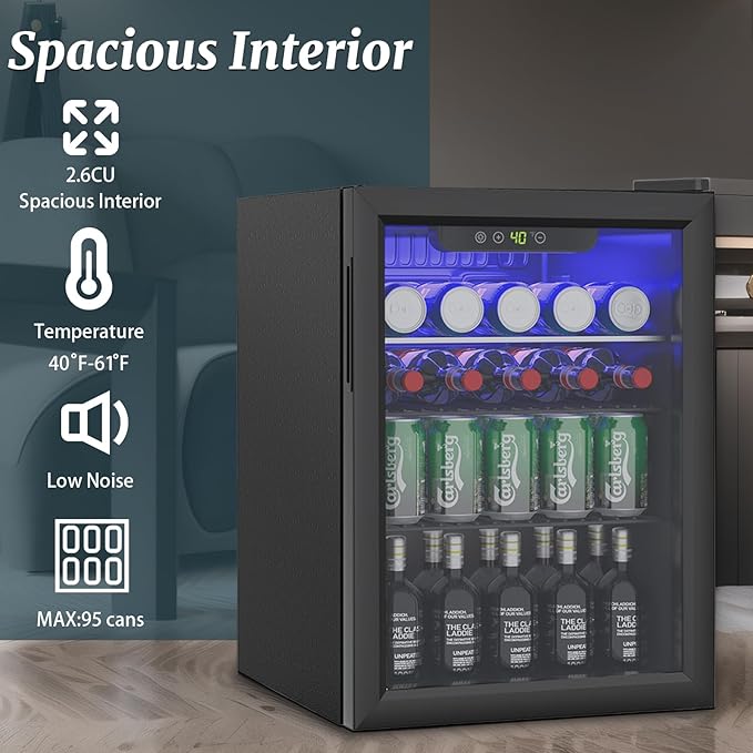 Stopsad Compact Beverage Refrigerator, 2.6Cu.Ft/95 Can Mini Fridge with Glass Door and Digital Display, Small Drink Fridge with Adjustable Shelves for Soda, Beer, or Wine, Compact Fridge for Home