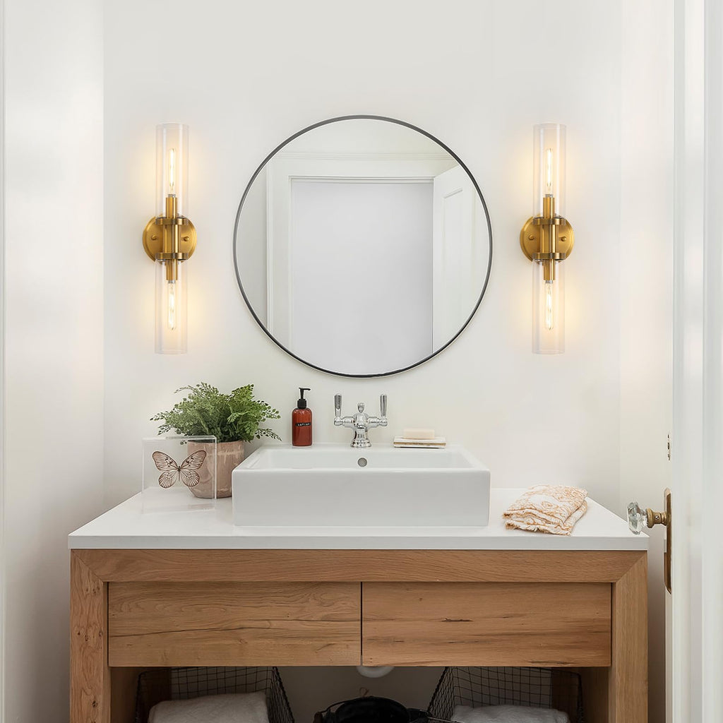 KUZZULL Wall Sconces Set of Two Brushed Brass Gold Sconces Lighting with Clear Glass Wall Lamp Modern Wall Sconce Light Fixtures Sconces Decor Set of scones Lights Set of 2