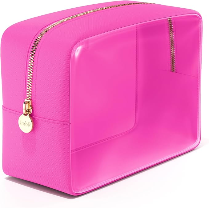 Embla Clear Large Makeup Bag Cute Big Make Up Nylon Pouches Travel Bathroom Bags for Toiletries XL Cosmetic Pouch for Women Girls Extra Large Zipper Toiletry Skincare Organizer Hot Pink