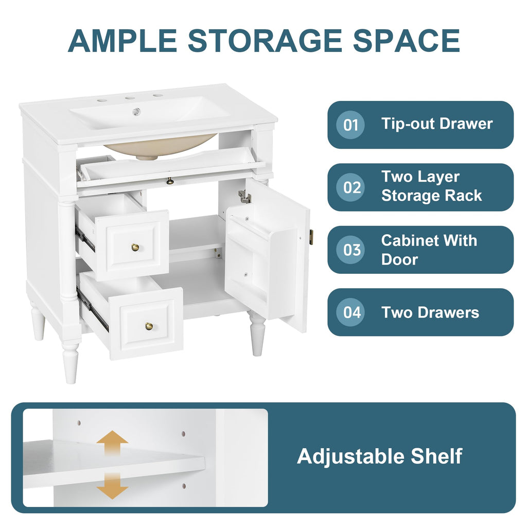 Harper & Bright Designs 30" Bathroom Vanity with Sink, Free Standing Bathroom Vanity Set with Flip Drawer, 2 Drawers, and Adjustable Shelf, Wood Storage Cabinet with Ceramic Basin for Bathroom, White