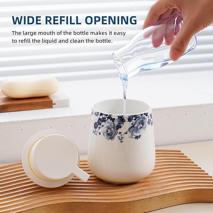 Agyiuns Soap Dispenser, Ceramic Foaming Soap Dispenser with Easy-to-Press Pump for Bathroom 10.8 oz refillable Liquid Hand soap Dispenser for Hand sanitizers, lotions (Blue Flower Foam Dispenser)