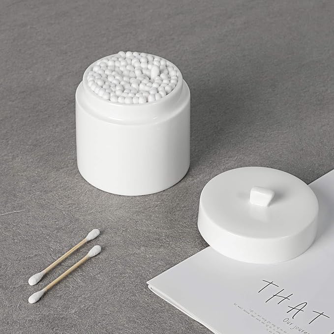 LEETOYI Ceramic Cotton Swabs Holder Organizer with Lid,Storage Canisters for Swabs,Cotton Balls,Makeup Sponges, Hair Ties,Bath Salts, and Easy To Clean (White)