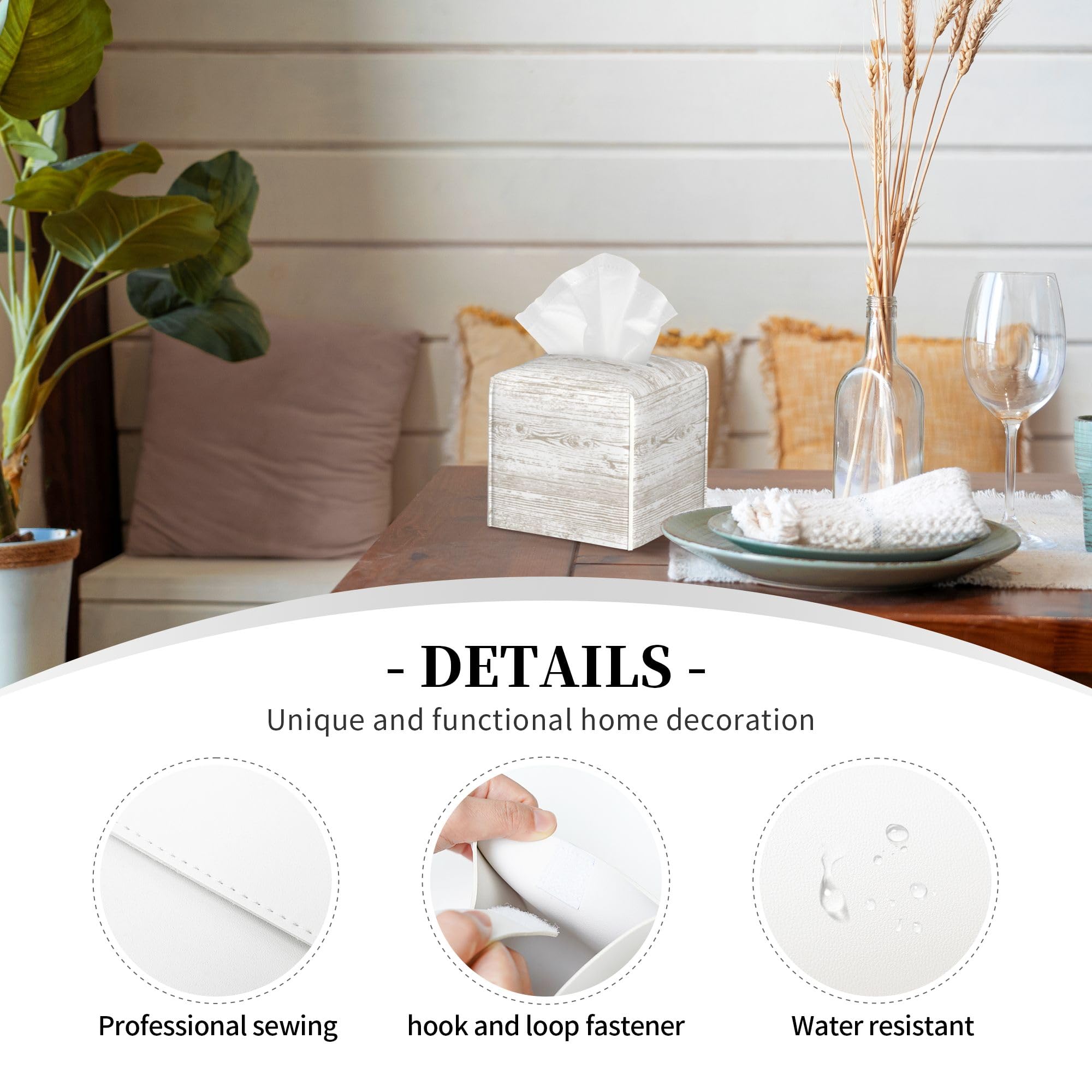 Bless You Tissue Box Cover Square, Wooden Board Texture Tissue Box Holder Waterproof Leather Facial Paper Organizer Dispenser for Bathroom Home Car Nightstand Vanity Desk